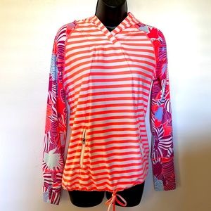 Title Nine Long Sleeve Hoodie Rash Guard Shirt. Striped Neon Orange Size Medium